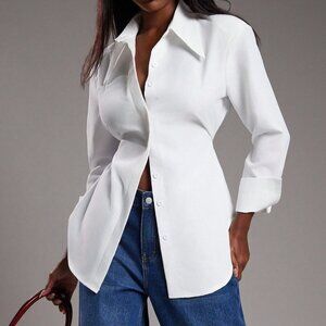 White Casual Women's Long Sleeve Button Up Collar Top